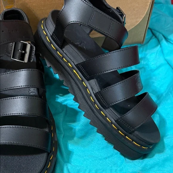 Dr. Martens Black Strappy Sandals with Yellow Accents - Picture 2 of 7